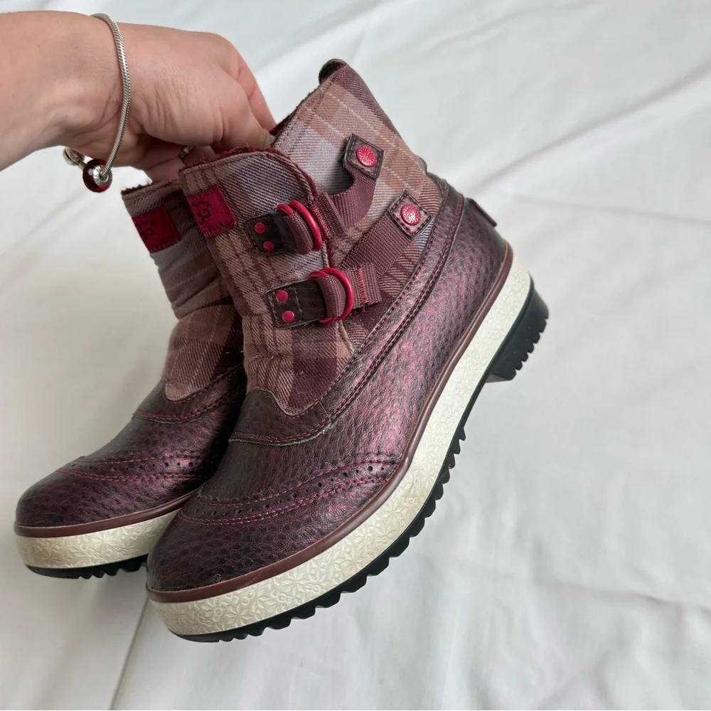UGG Marrais Plaid Double Buckle Waterproof Lined Boots - Metallic Plum/Burgundy